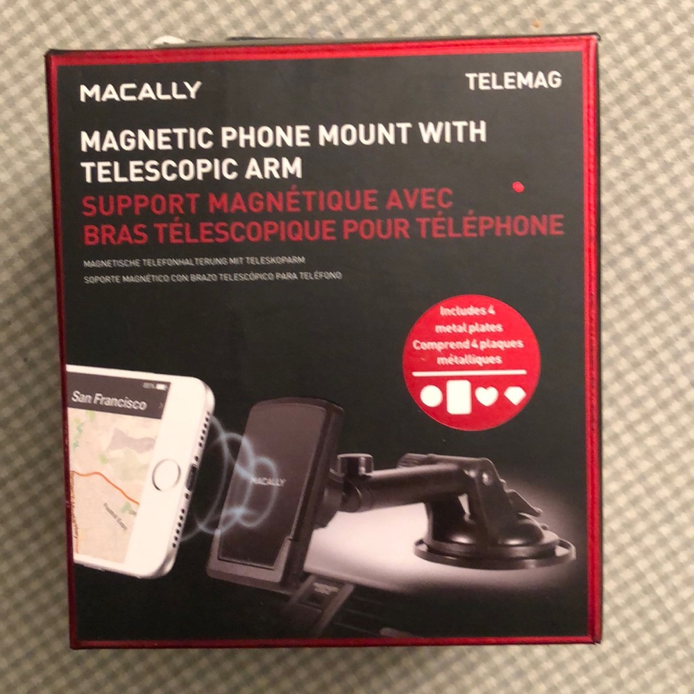 MACALLY MAGNETIC PHONE MOUNT WITH TELESCOPIC ARM INCL 4 METAL PLATES NWOT - #437